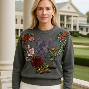 Kelly Obi New York Medium NWT Embroidered Gray Sweater with Artsy Floral Design